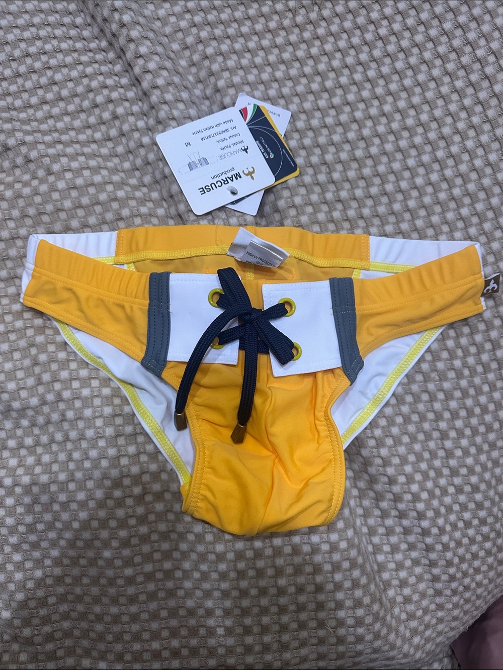 NWT Marcuse Swim Brief White/Gray/Yellow Lace Up
